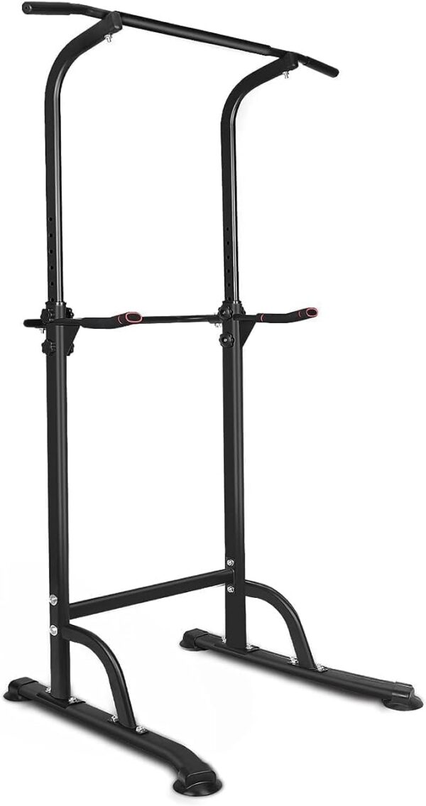 Power Tower Dip Station Pull Up Bar Exercise Tower, Adjustable Height Dip Stand Multi-Functional Strength Training Fitness Workout Station, Training Exercise Equipment for Home Gym, Black