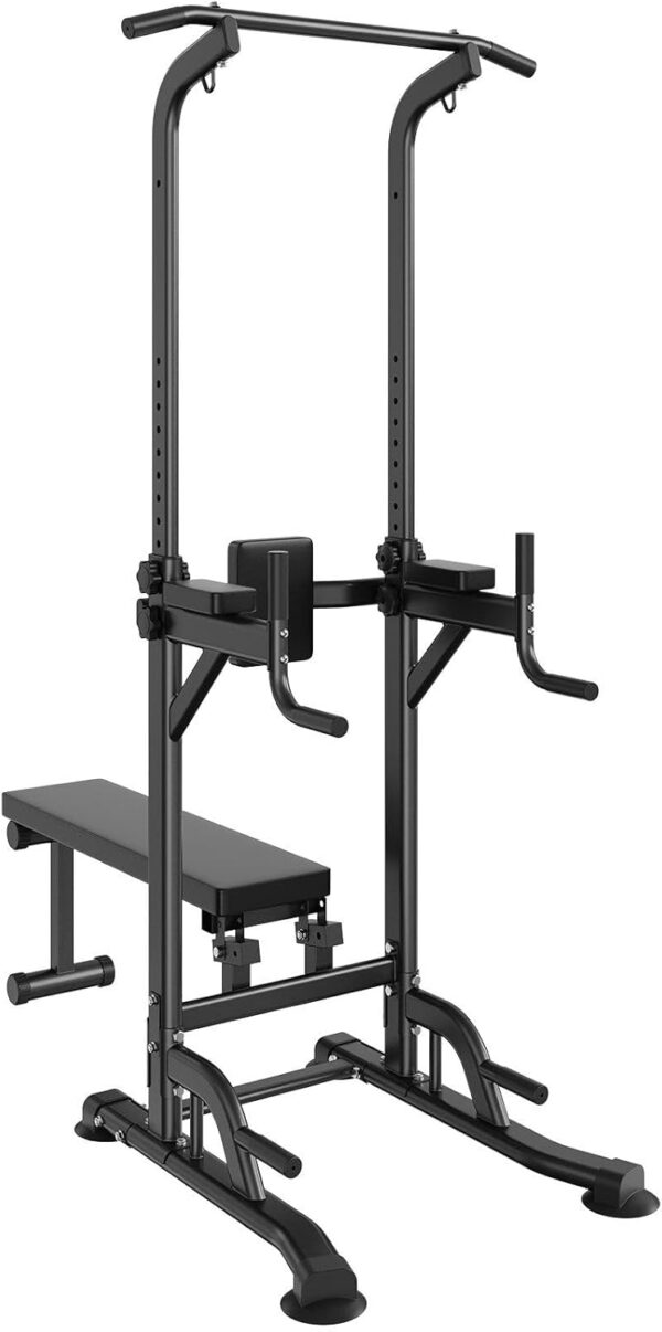 Power Tower with Bench, 10-Level Height Adjustable Pull Up Bar Stand Dip Station & Detachable Bench, Multi-Function Home Gym Strength Training Fitness Equipment with Backrest, Elbow Pads, 440LBS