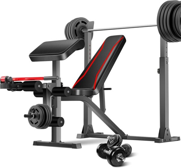 Weight Bench, 900 LBS Adjustable Weight Bench and Squat Rack, Bench Press Set with Leg Extension, Preacher Curl Pad, Workout Bench for Home Gym